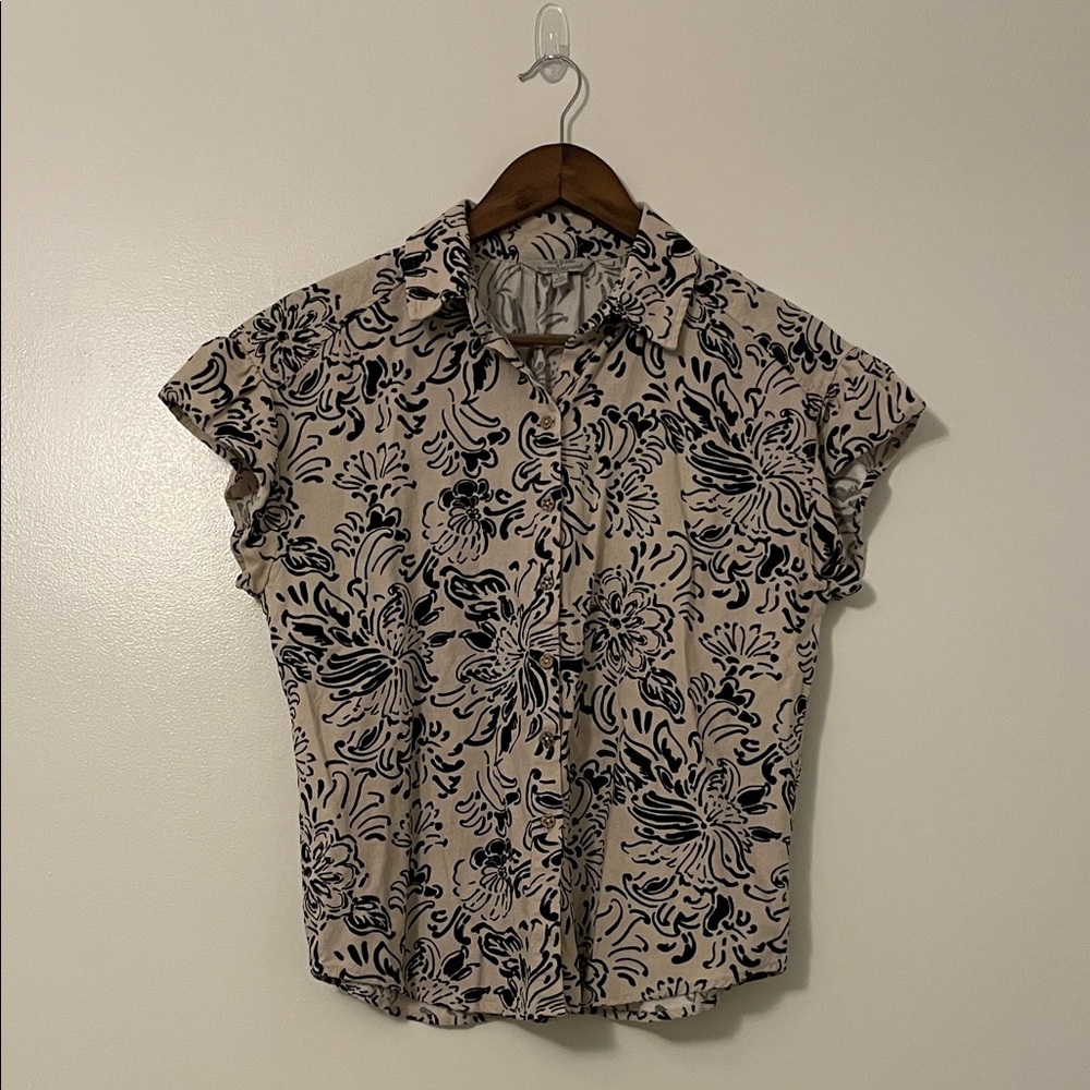Hester & Orchard Linen Blend Floral Collared Short Sleeve Button Up Shirt LARGE